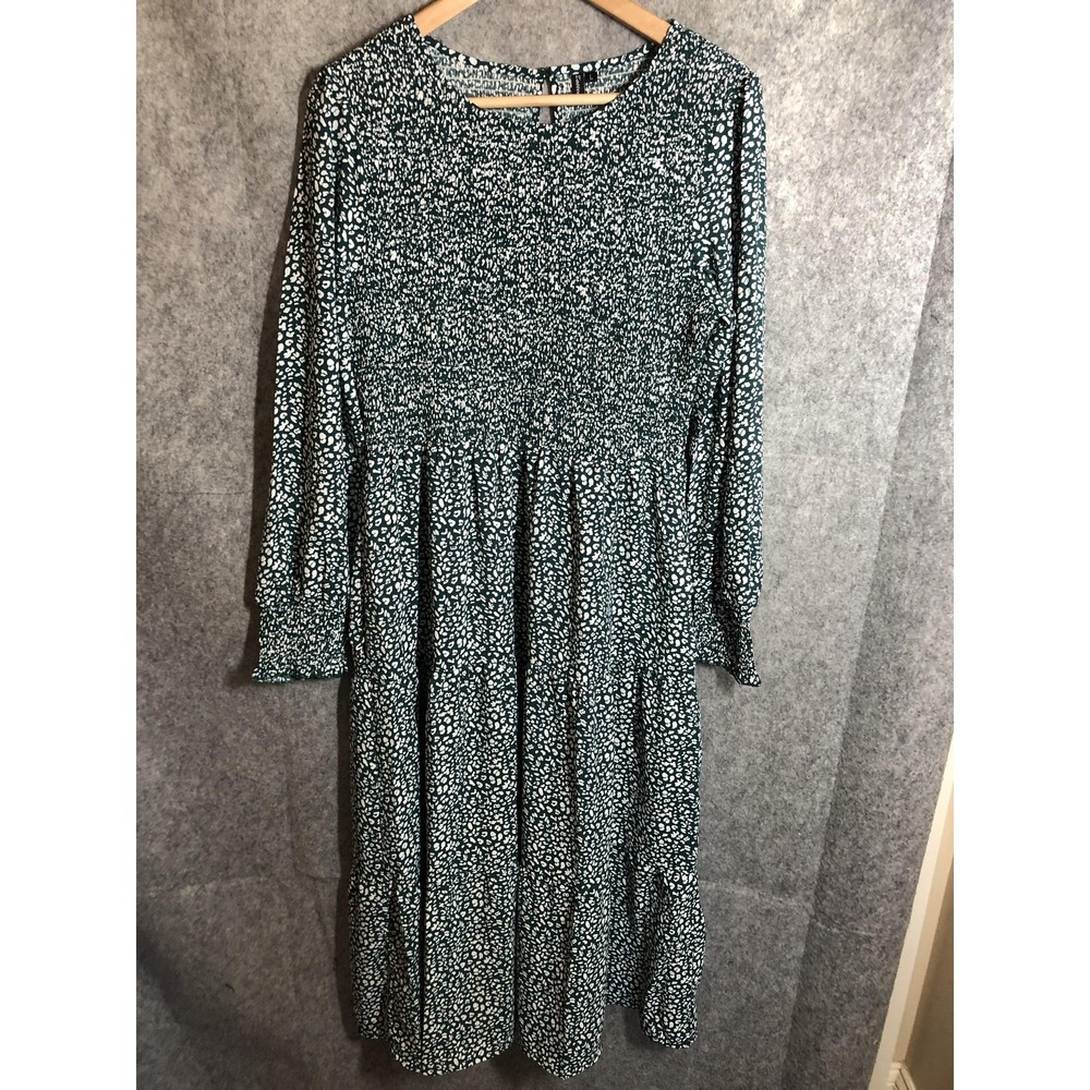 Zattcas Dress Women Large Green Geometric Print Smocked Fit & Flare Boho Prairie
